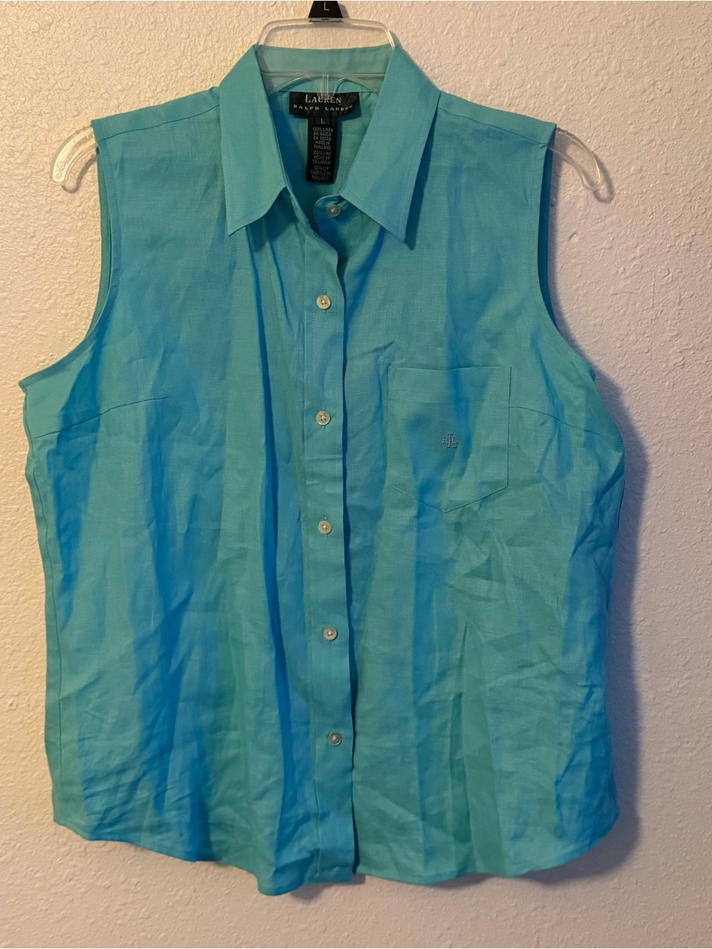 New Vintage Ralph Lauren Linen Sleeveless Blouse Turquoise Blue Womens Large